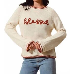 NEW SO ME blessed blanket sticth sweater in ivory